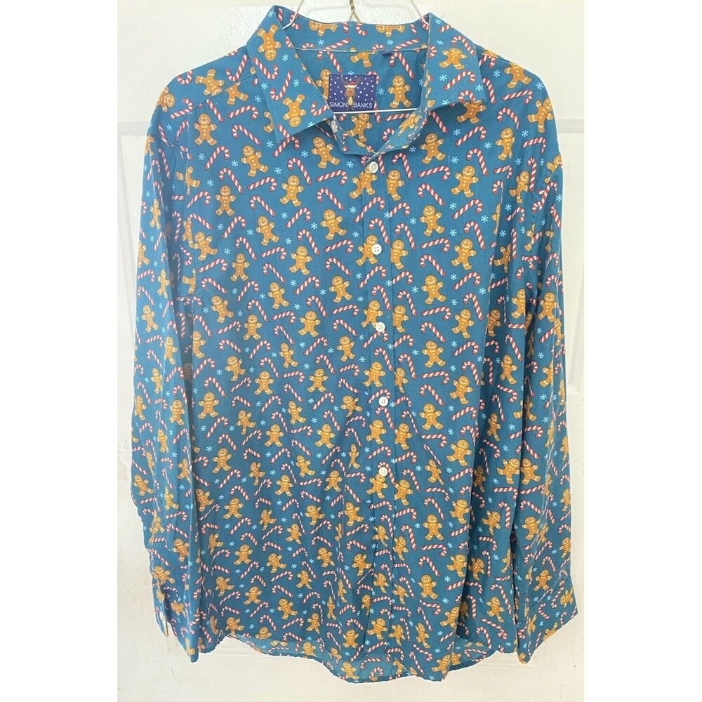 Simon Banks Men’s Christmas Shirt green gingerbread men Candy CaneXL long sleeve